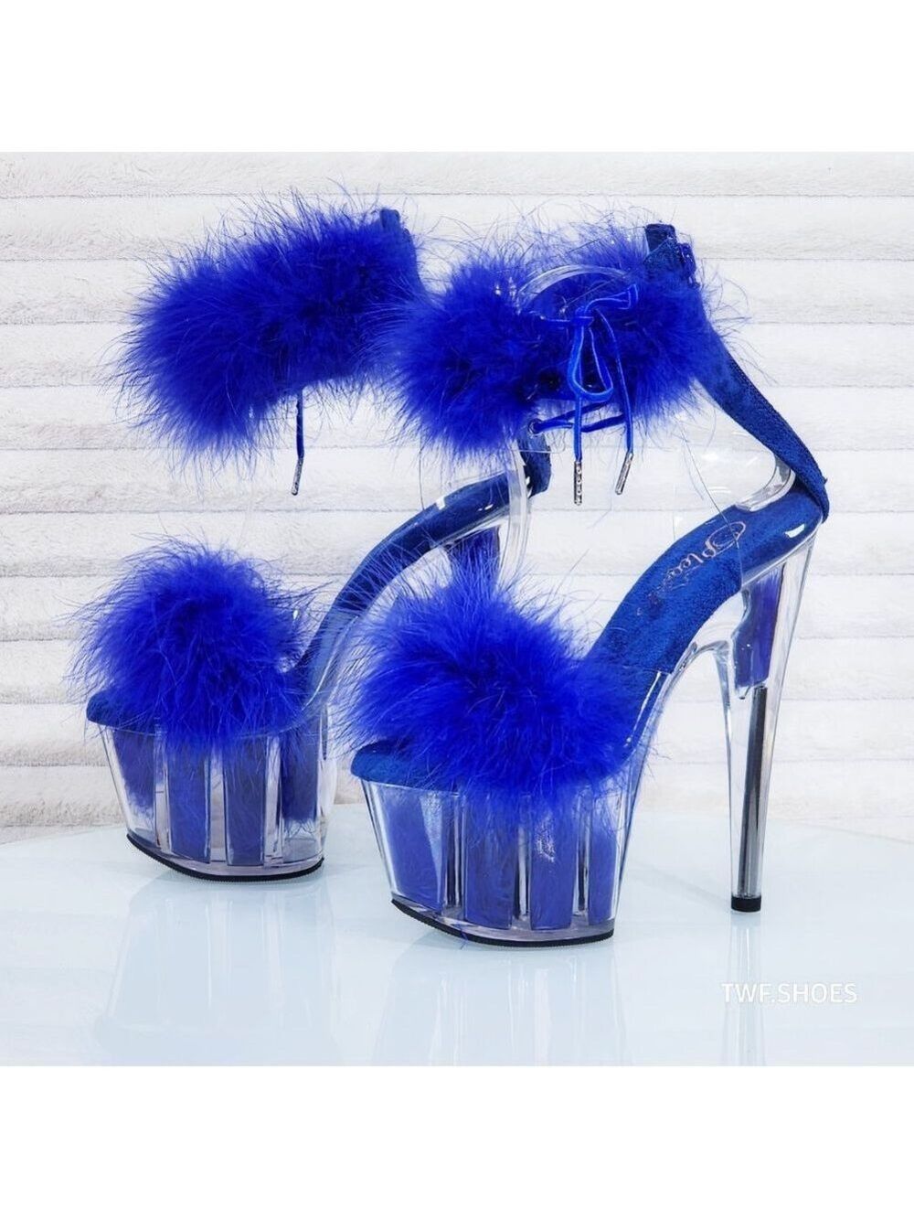 Brilliant Blue Furry Marabou Feather 7" High Heel Platform Shoes